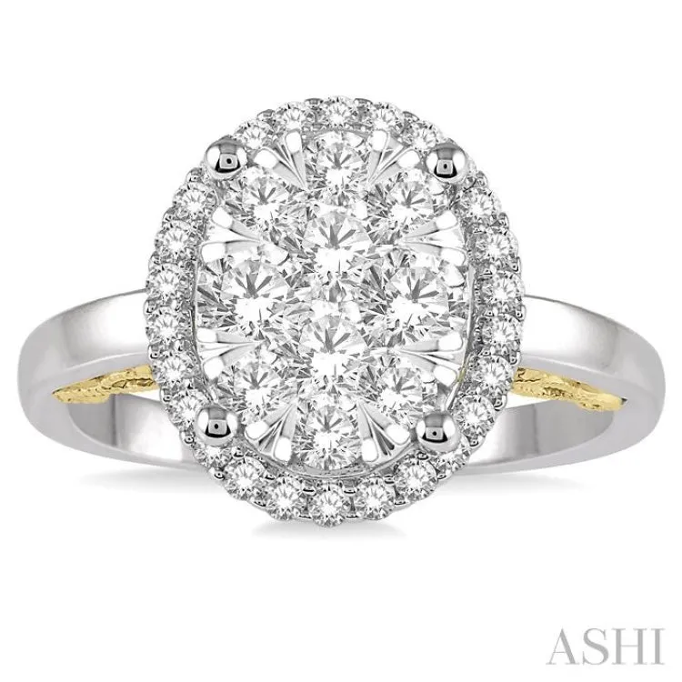 1 Ctw Round Diamond Lovebright Oval Halo Engagement Ring in 14K White and Yellow Gold