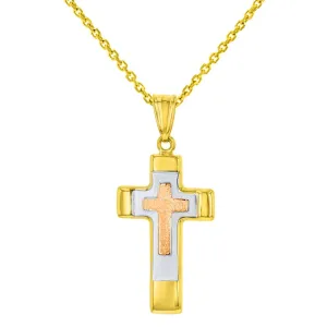 14K Rose & Yellow Gold Tricolor Religious Cross Charm Pendant Necklace