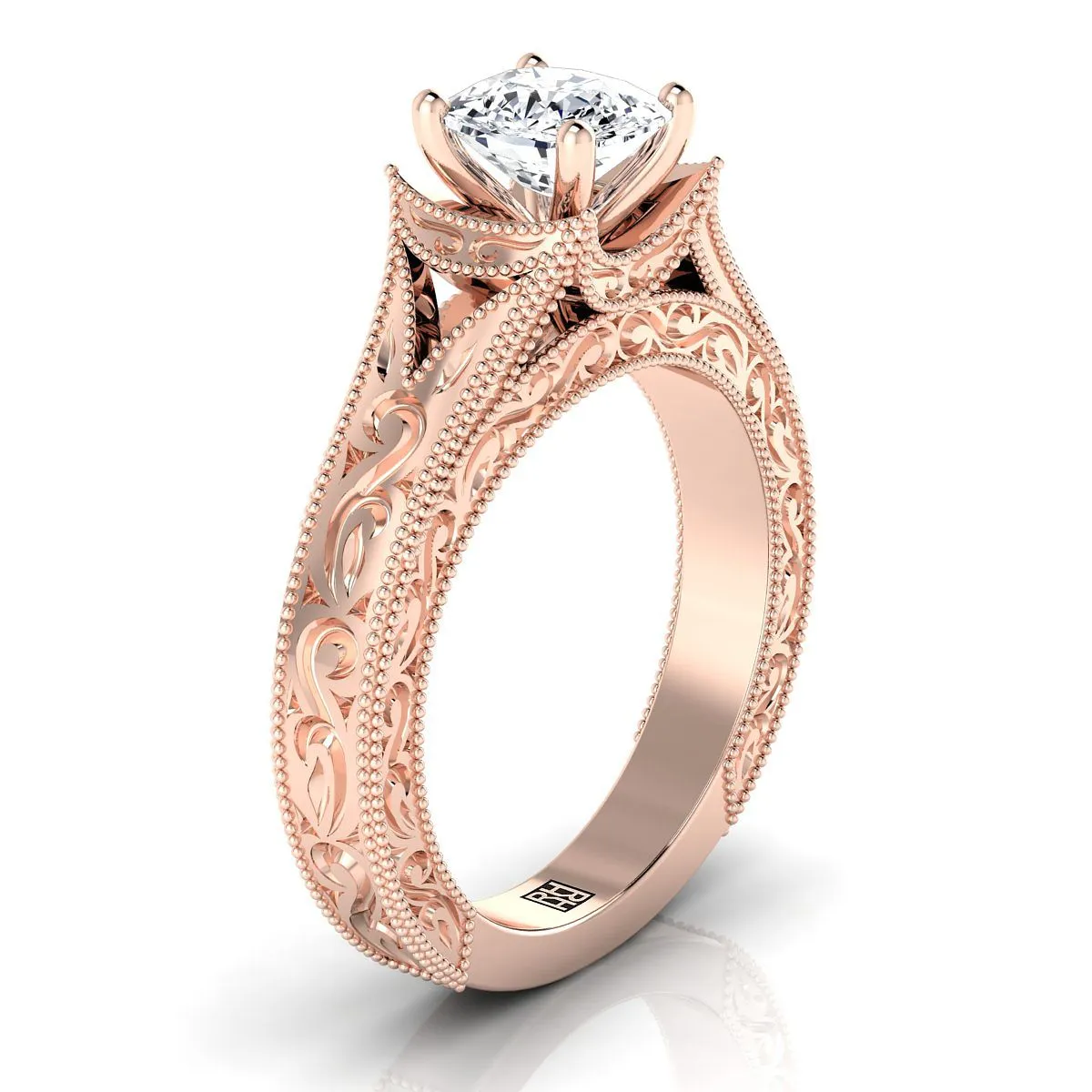 14K Rose Gold Cushion  Hand Engraved and Milgrain Vintage Solitaire Engagement Ring