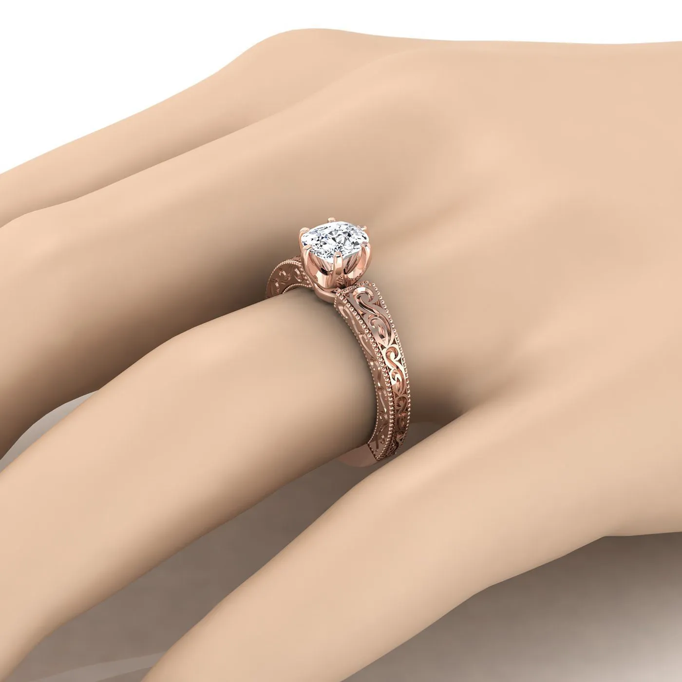 14K Rose Gold Cushion Hand Engraved Scroll Vintage Solitaire Engagement Ring