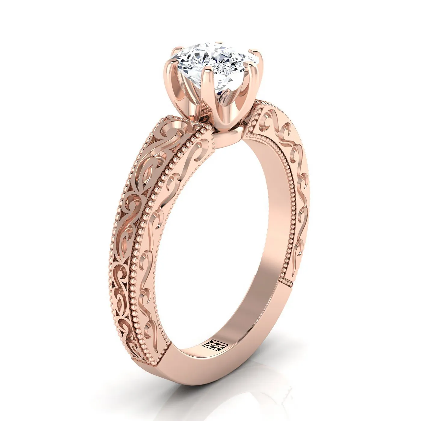 14K Rose Gold Cushion Hand Engraved Scroll Vintage Solitaire Engagement Ring