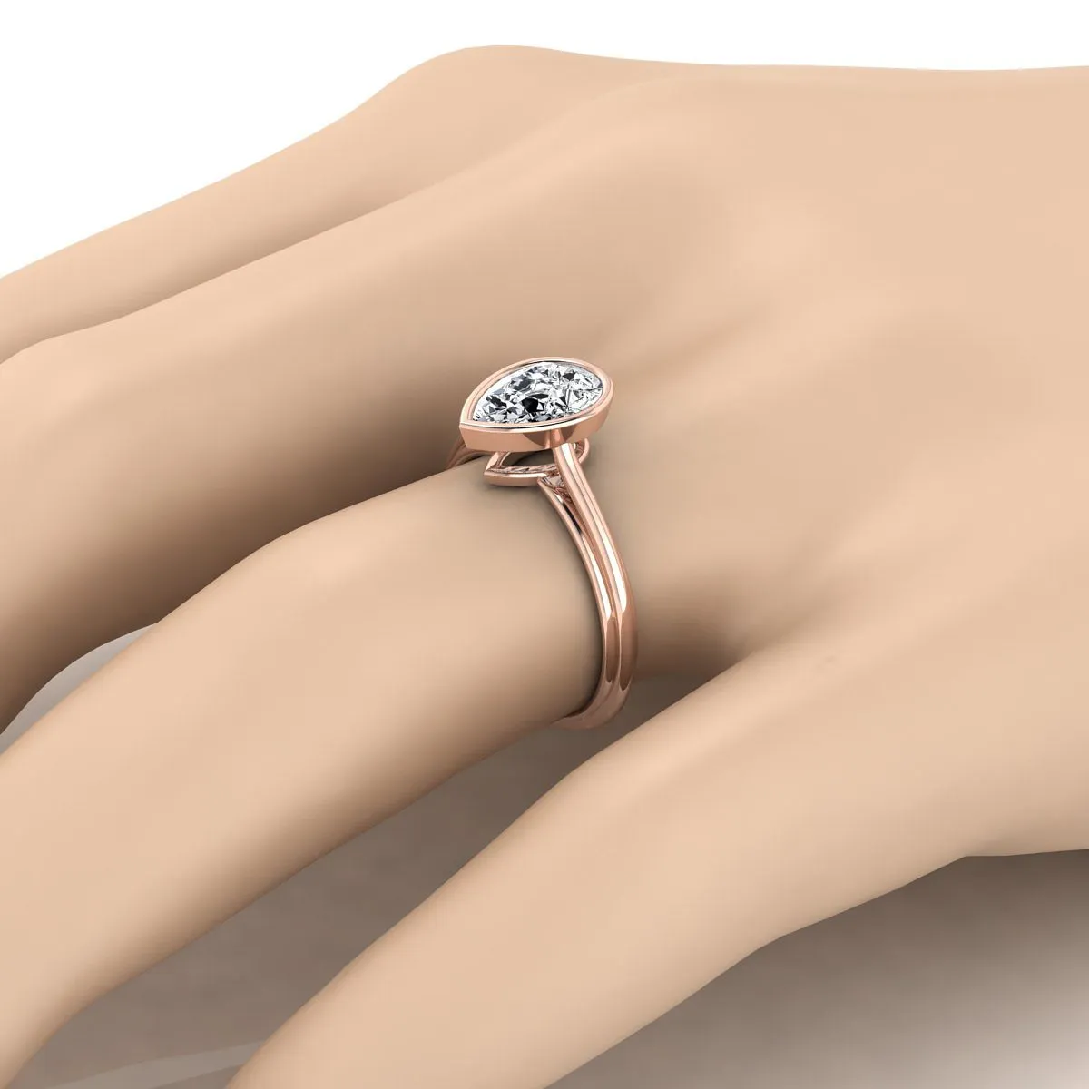 14K Rose Gold Pear Shape Center  Bezel Halo Cathedral Solitaire Engagement Ring