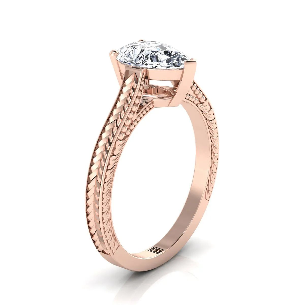 14K Rose Gold Pear Shape Center  Hand Engraved Vintage Cathedral Style Solitaire Engagement Ring