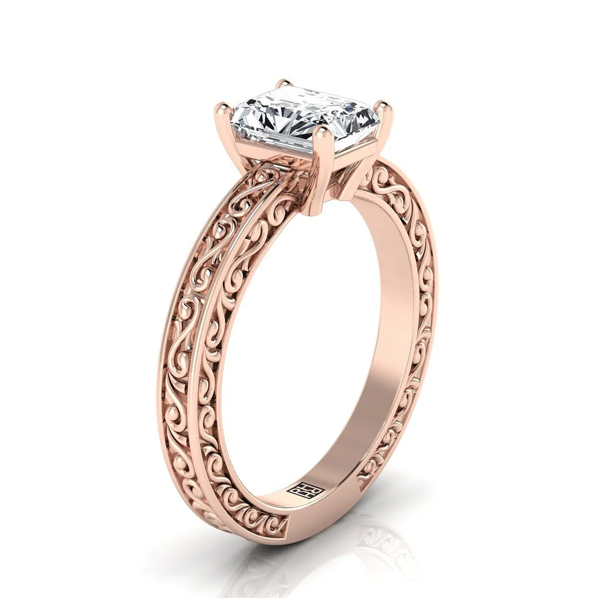 14K Rose Gold Radiant Cut Center Hand Engraved Scroll Vintage Solitaire Engagement Ring