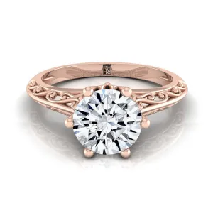 14K Rose Gold Round Brilliant  Delicate Vintage Scroll Cut Out Solitaire Engagement Ring