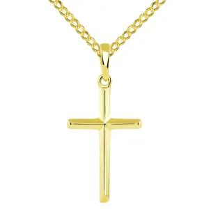 14K Solid Yellow Gold Traditional Simple Religious Cross Pendant with Cuban Chain Necklace