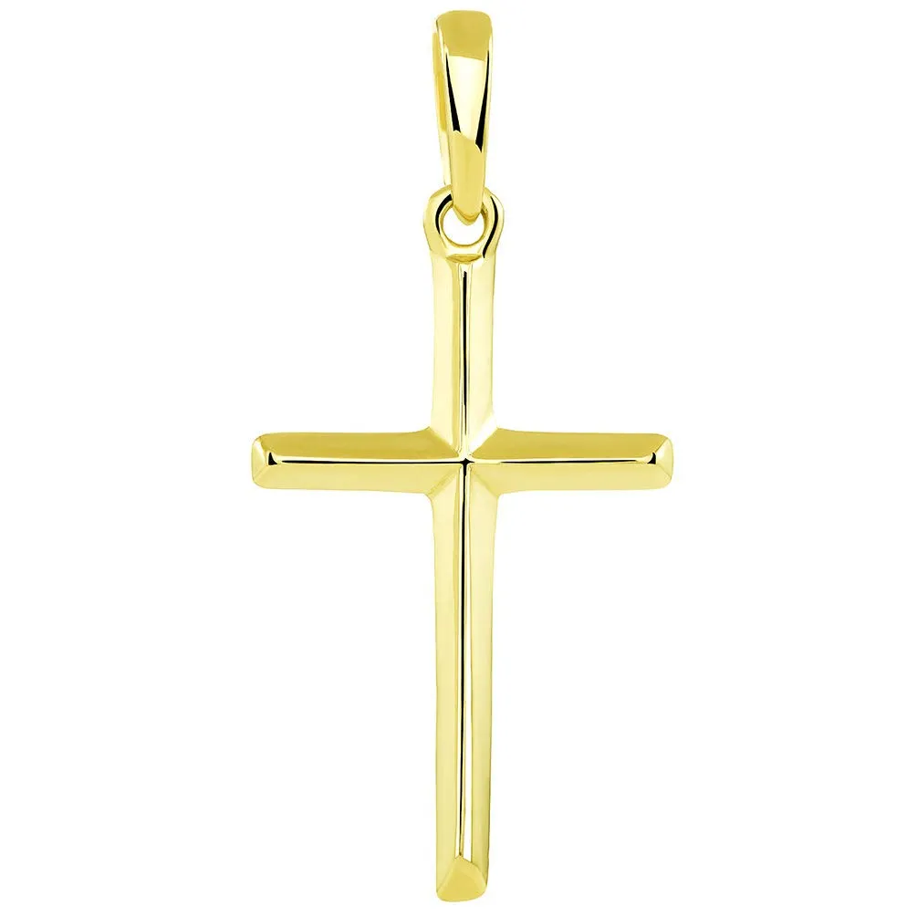 14K Solid Yellow Gold Traditional Simple Religious Cross Pendant with Cuban Chain Necklace