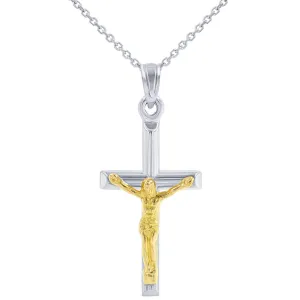 14k White Gold Religious Tube Cross Charm Two-Tone Jesus Crucifix Pendant Necklace