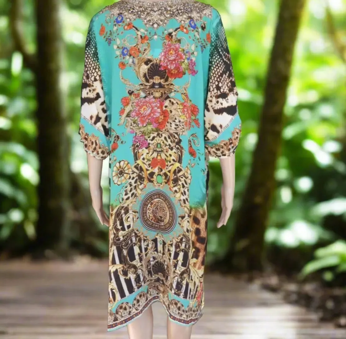 3/4 sleeve Silk Embellished Dress Garden Delight