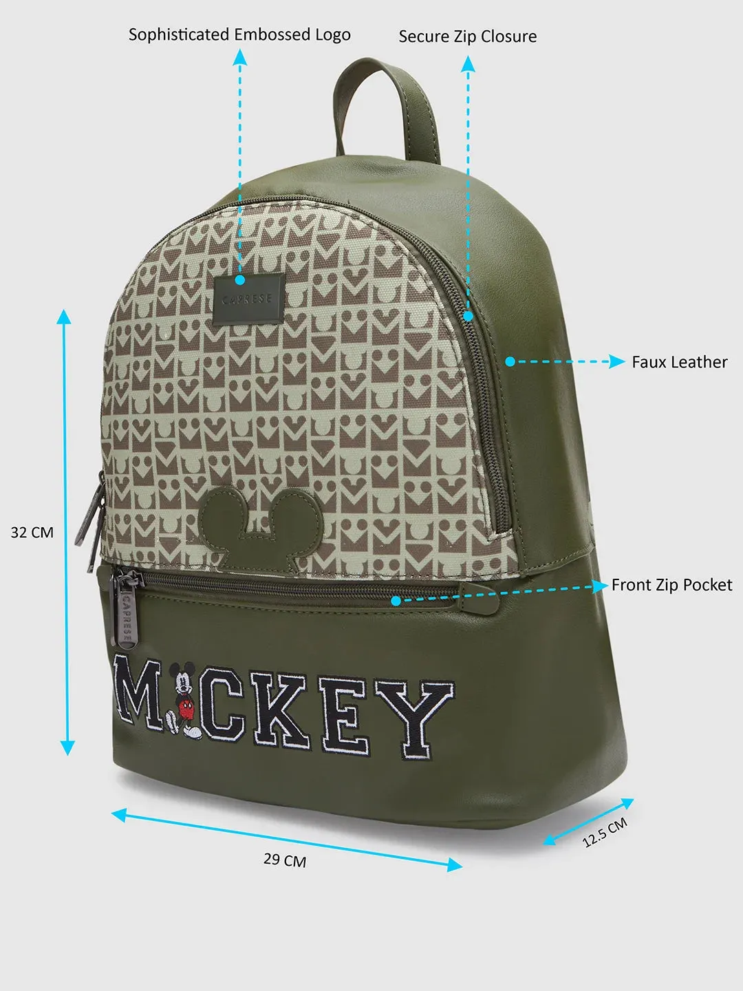 Caprese Disney Inspired Graphic Printed Mickey Mouse Collection Medium Backpack Olive Green