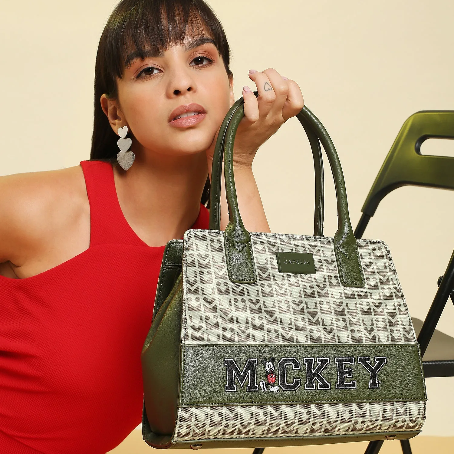 Caprese Disney Inspired Graphic Printed Mickey Mouse Collection Sling Medium Handbag Olive Green