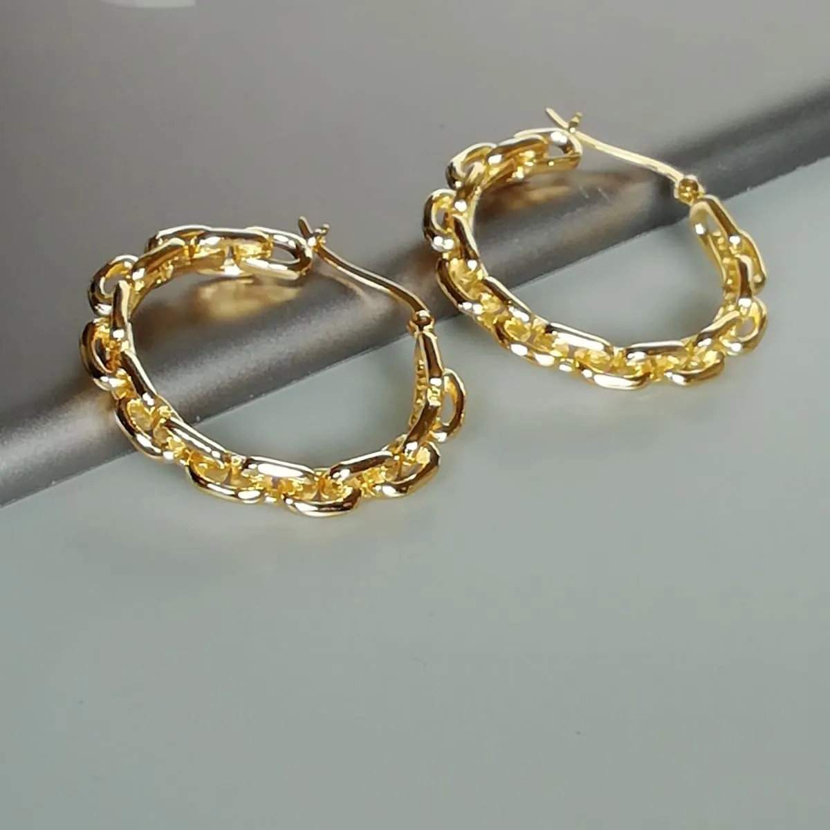 Chunky gold hoops | Anchor link hoops  Sterling silver gold dipped hoops | E999