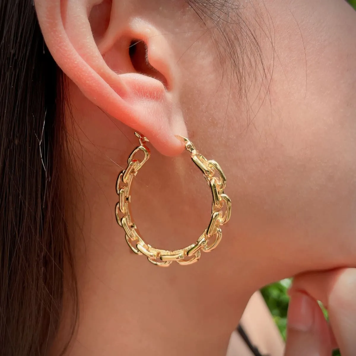 Chunky gold hoops | Anchor link hoops  Sterling silver gold dipped hoops | E999