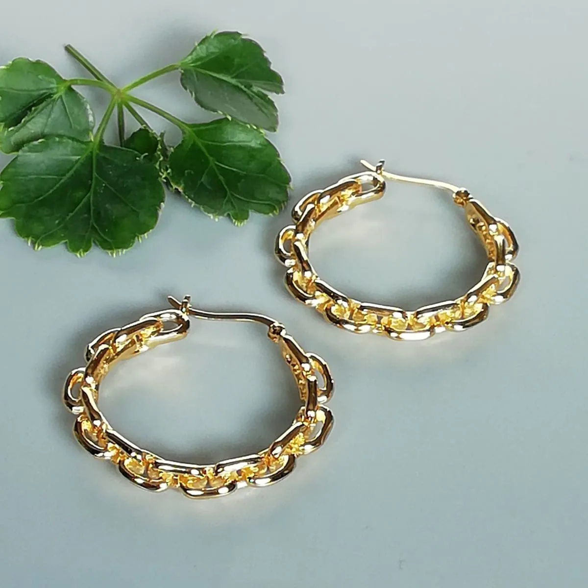 Chunky gold hoops | Anchor link hoops  Sterling silver gold dipped hoops | E999