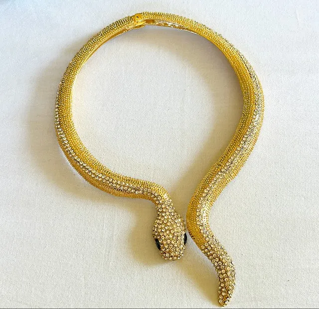 Fabulous statement piece, gold rhinestone encrusted snake choker style necklace.