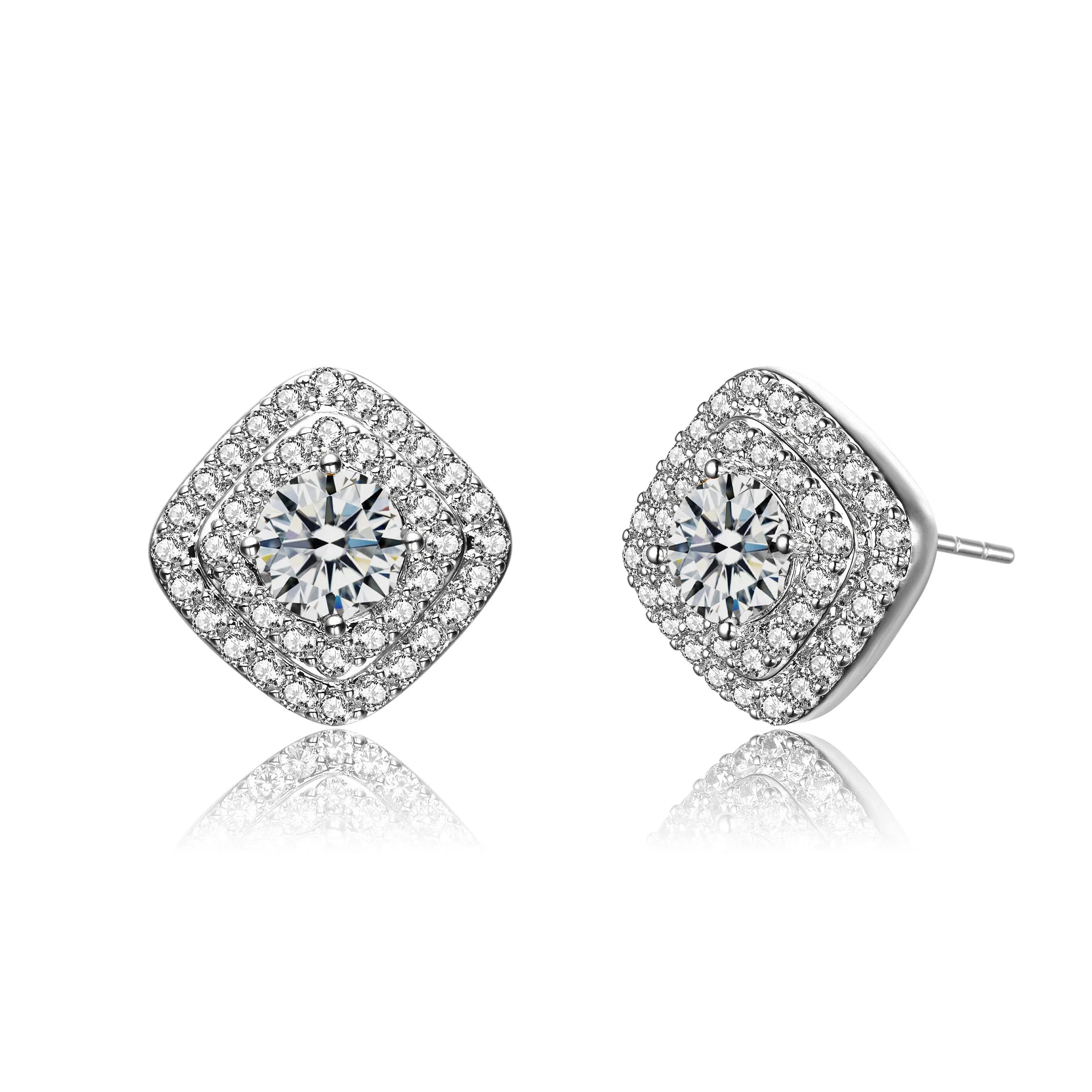 Genevive Classic Platinum Plated Halo Stud Earrings