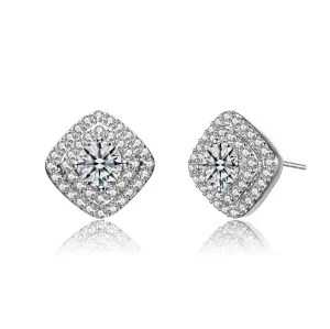 Genevive Classic Platinum Plated Halo Stud Earrings