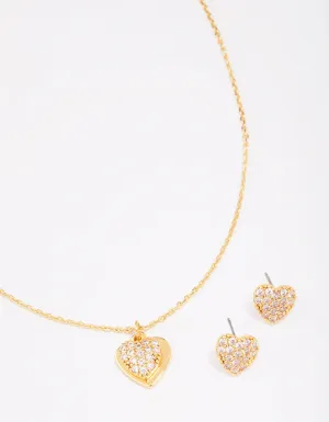 Gold Plated Cubic Zirconia Pave Heart Necklace & Earring Jewellery Set