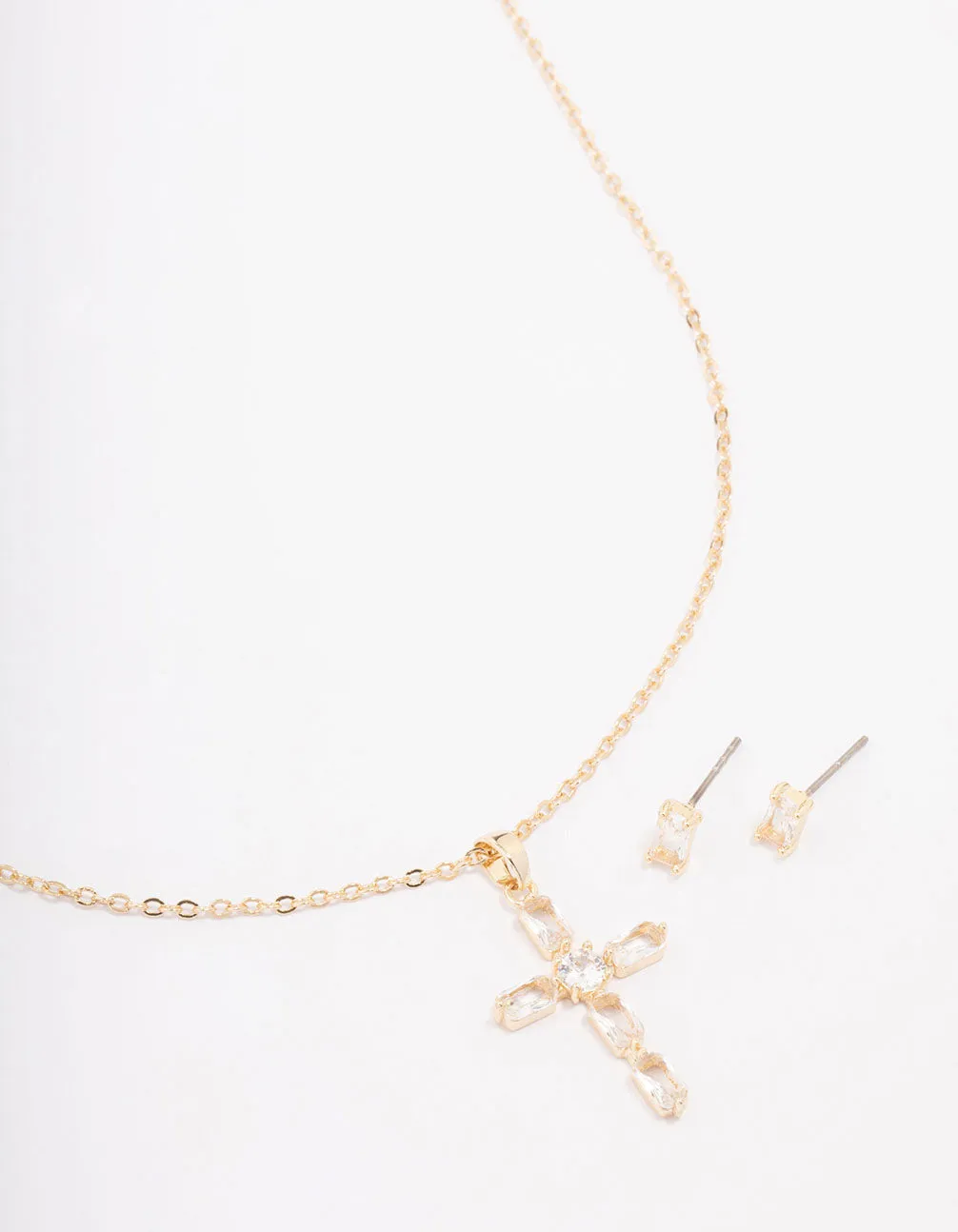 Gold Plated Diamante Cross Pendant Necklace & Stud Earring Set