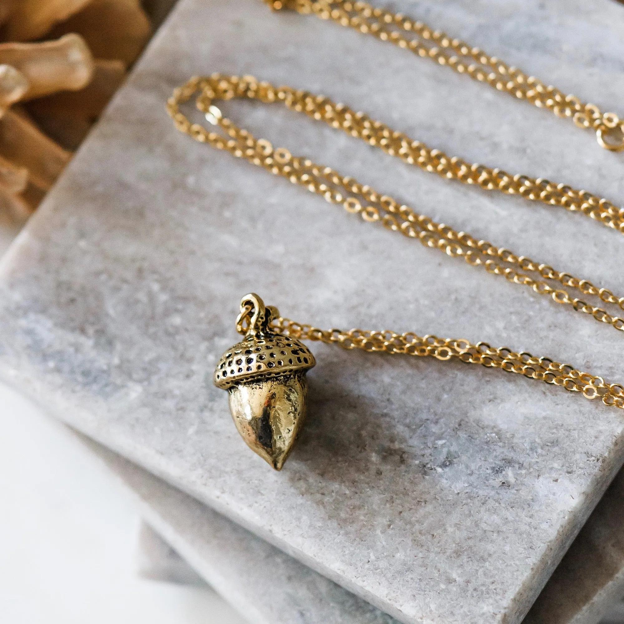 Long Gold Acorn Pendant Necklace