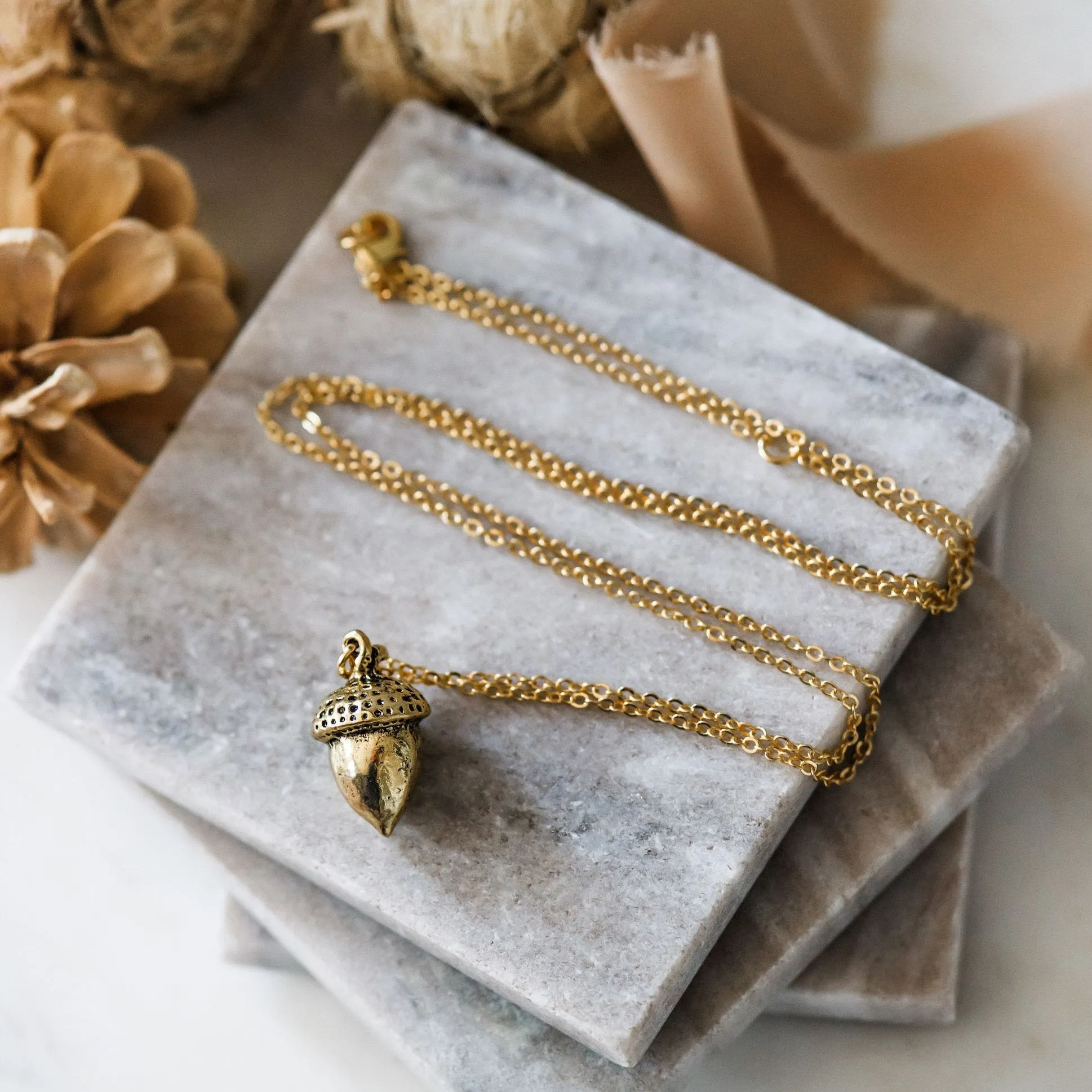 Long Gold Acorn Pendant Necklace