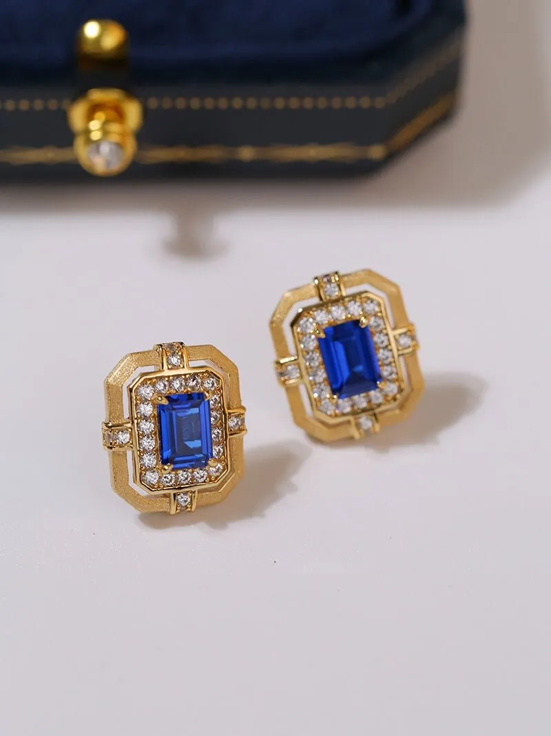 Matte Gold Square Hollow Diamond Wrapped Sapphire Stud Earrings