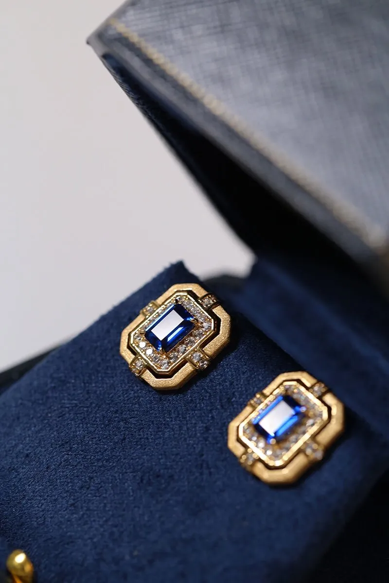 Matte Gold Square Hollow Diamond Wrapped Sapphire Stud Earrings