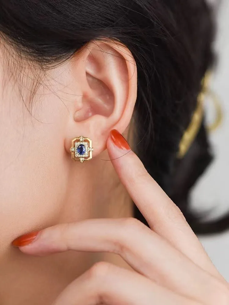 Matte Gold Square Hollow Diamond Wrapped Sapphire Stud Earrings