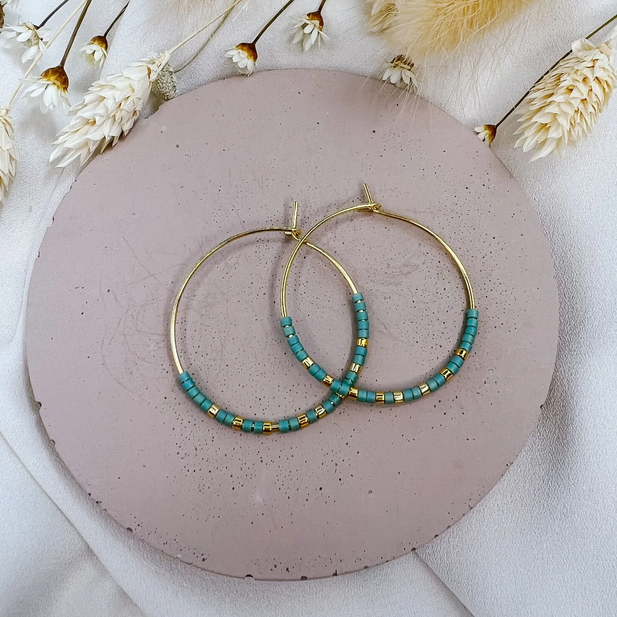 Miyuki Bead Hoop Earrings in Teal