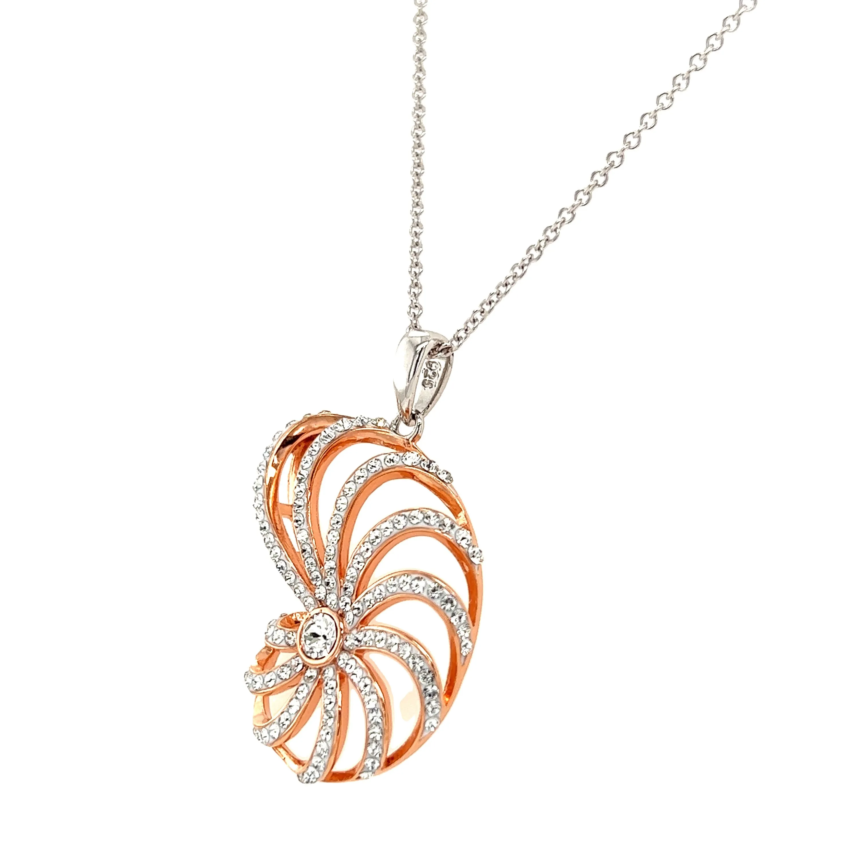 Nautilus Shell Necklace with White Crystals in Sterling Silver and Rose Gold Plating