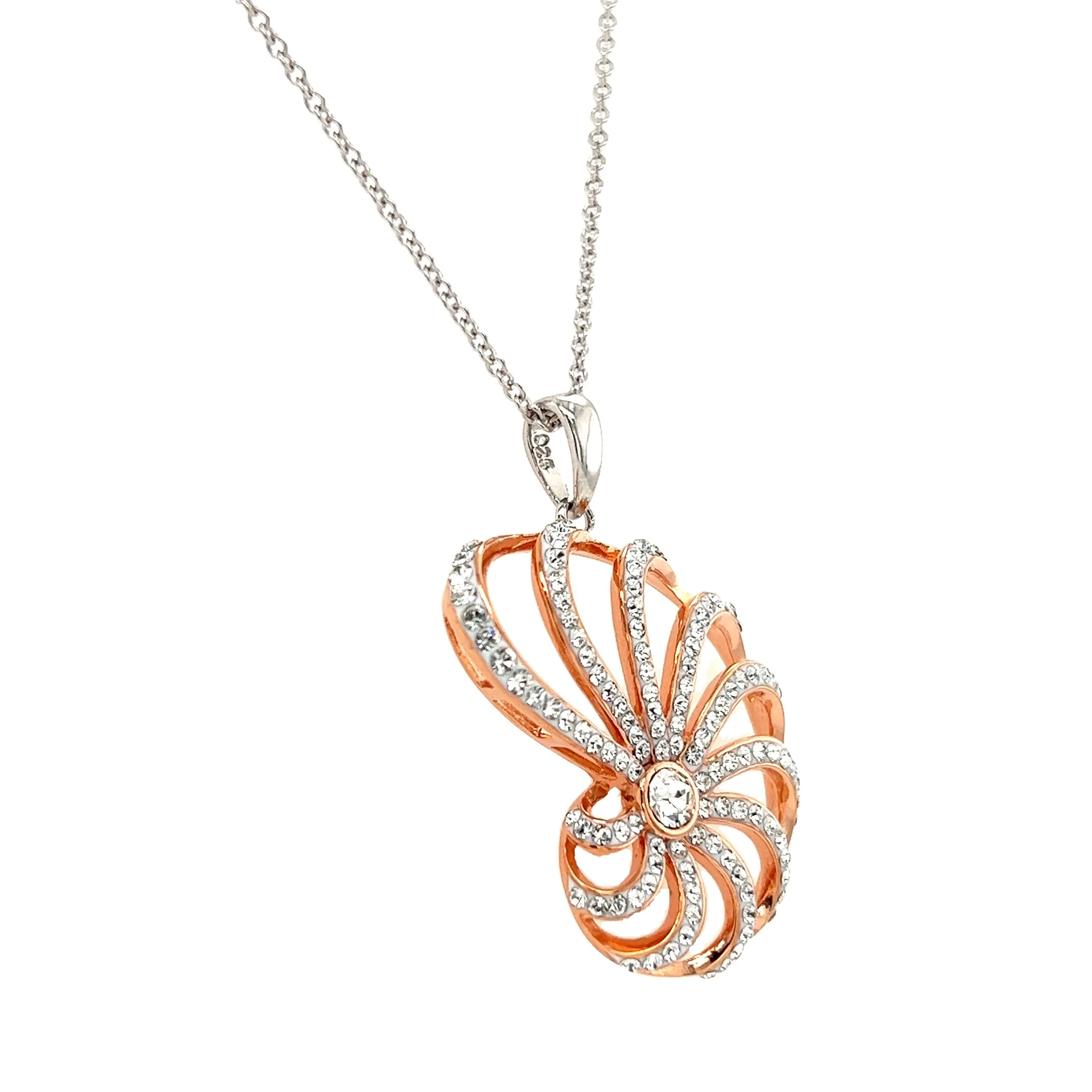 Nautilus Shell Necklace with White Crystals in Sterling Silver and Rose Gold Plating