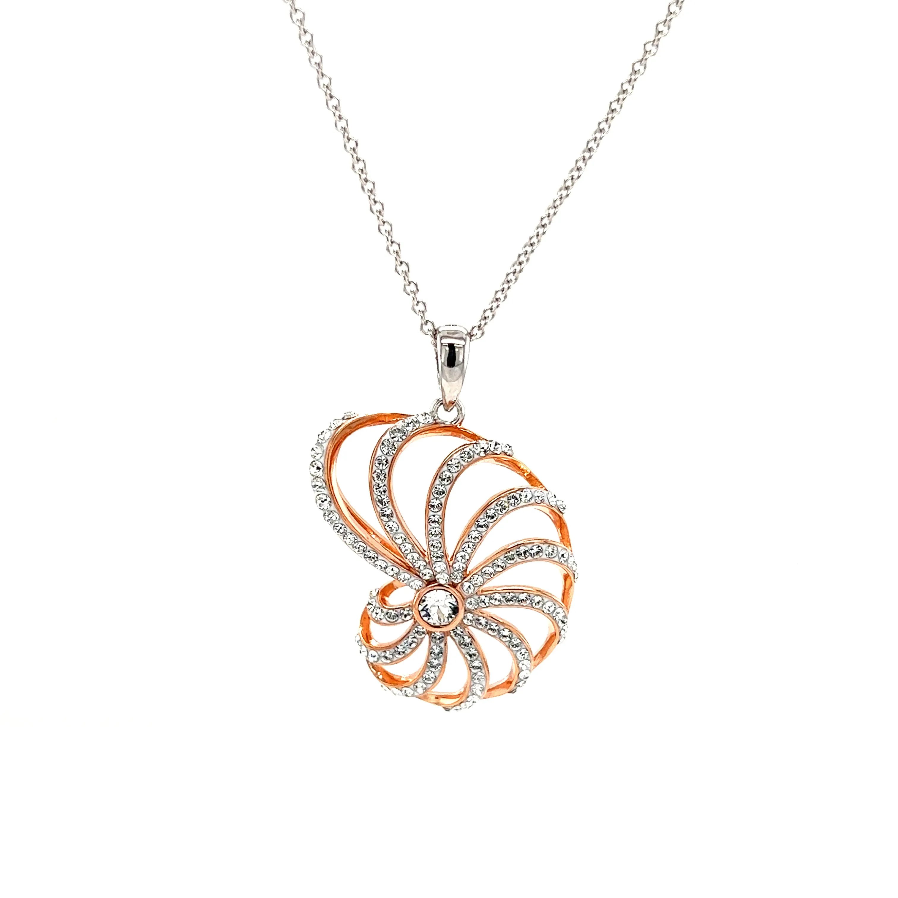 Nautilus Shell Necklace with White Crystals in Sterling Silver and Rose Gold Plating