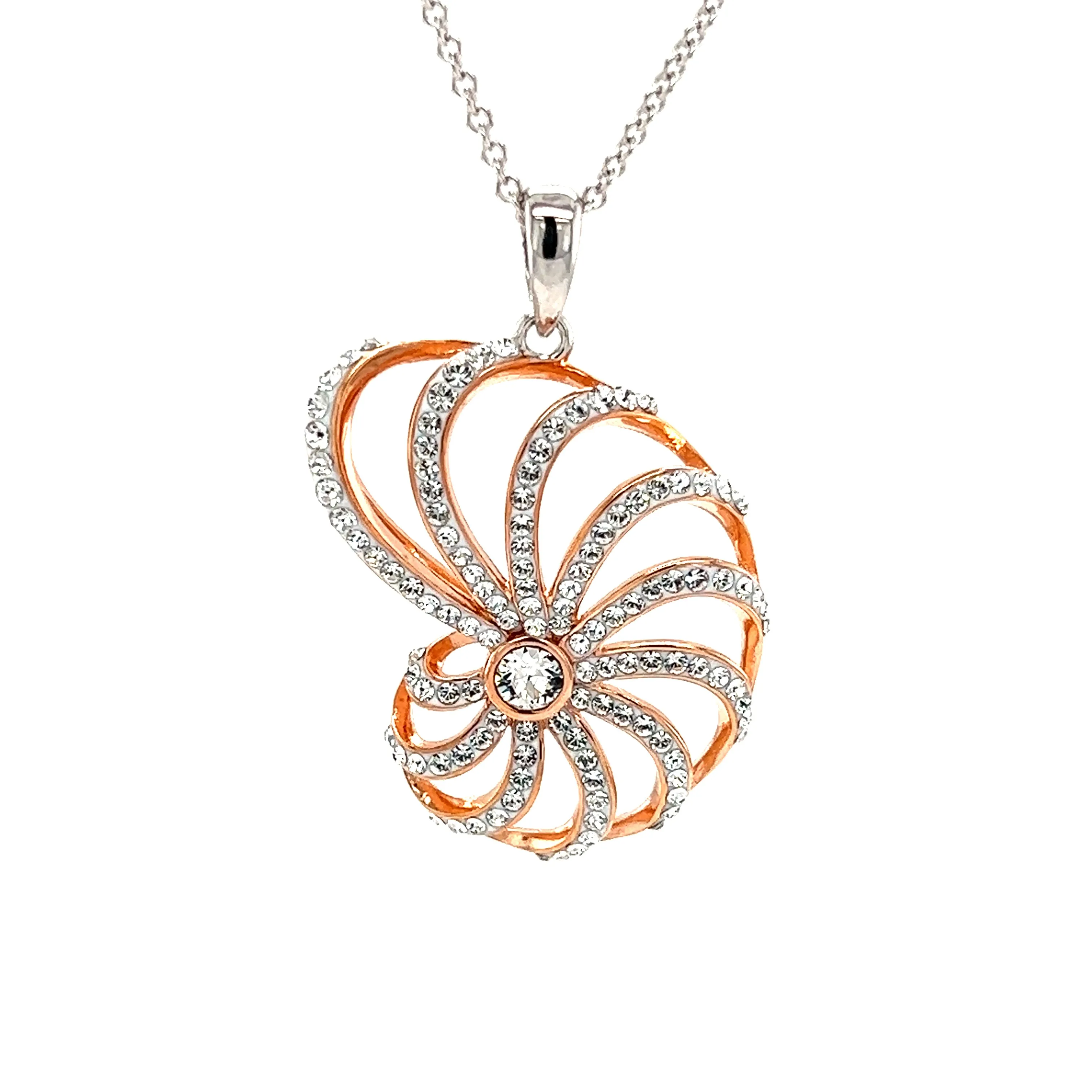 Nautilus Shell Necklace with White Crystals in Sterling Silver and Rose Gold Plating