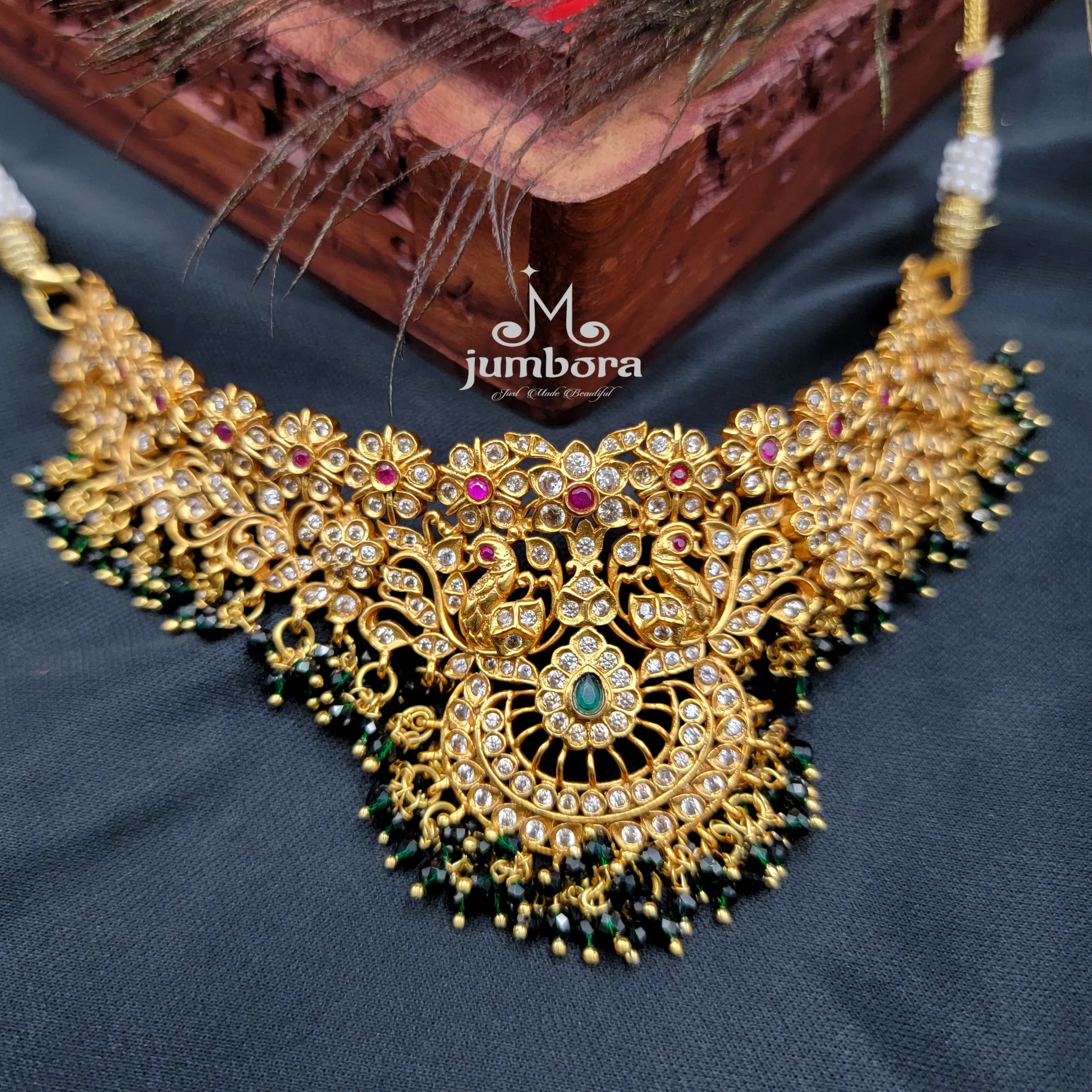 Peacock Matte Antique Gold AD Choker Style Necklace set