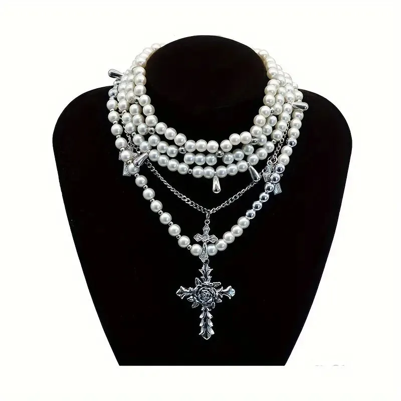 Romantic Medieval Multi-Strand  Faux Pearl Rhinestone Cross Necklace