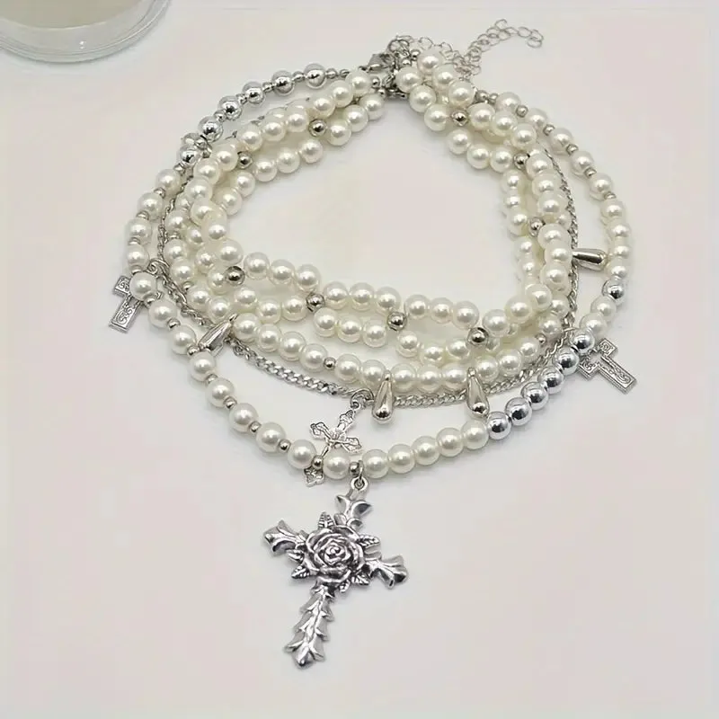 Romantic Medieval Multi-Strand  Faux Pearl Rhinestone Cross Necklace