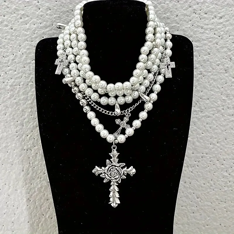 Romantic Medieval Multi-Strand  Faux Pearl Rhinestone Cross Necklace