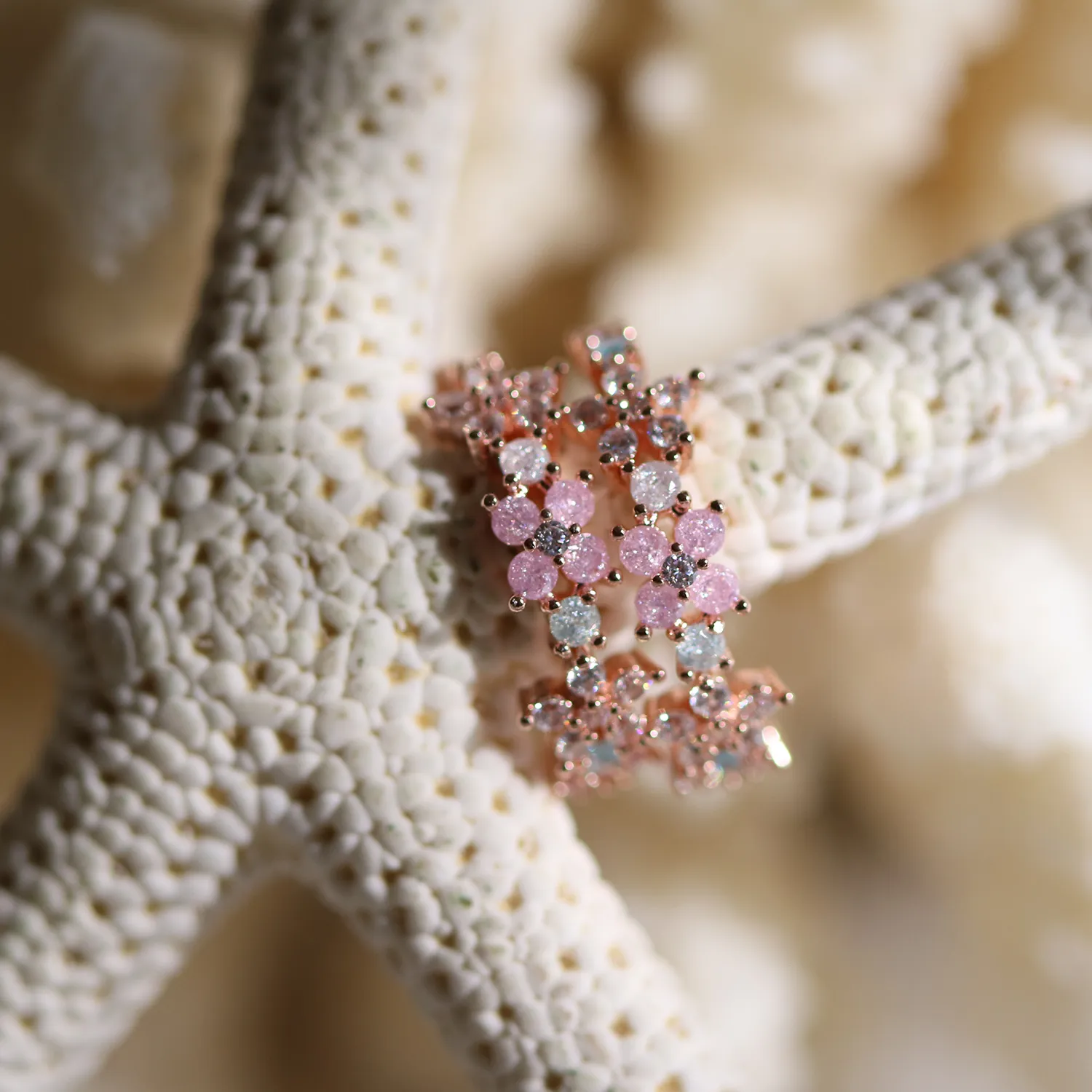 Rose quartz flower semi-hoop earrings