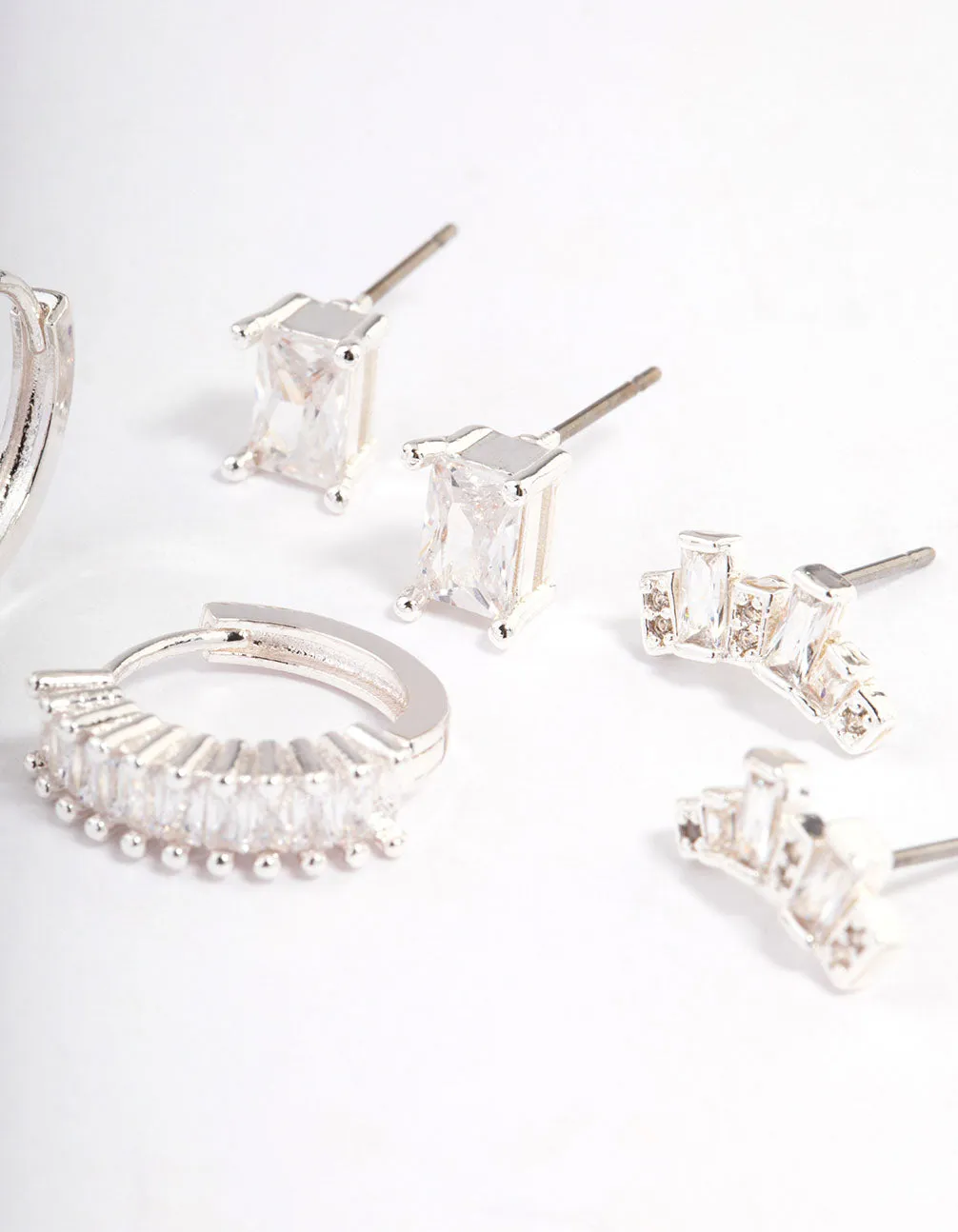 Silver Plated Cubic Zirconia Baguette Cluster Earrings Pack