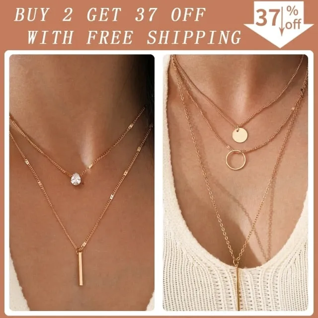 Simple Crystal Geometric Gold Pendant Necklace Set for Women Charms Kpop Fashion Square Rhinestone Female Vintage Jewelry Collar