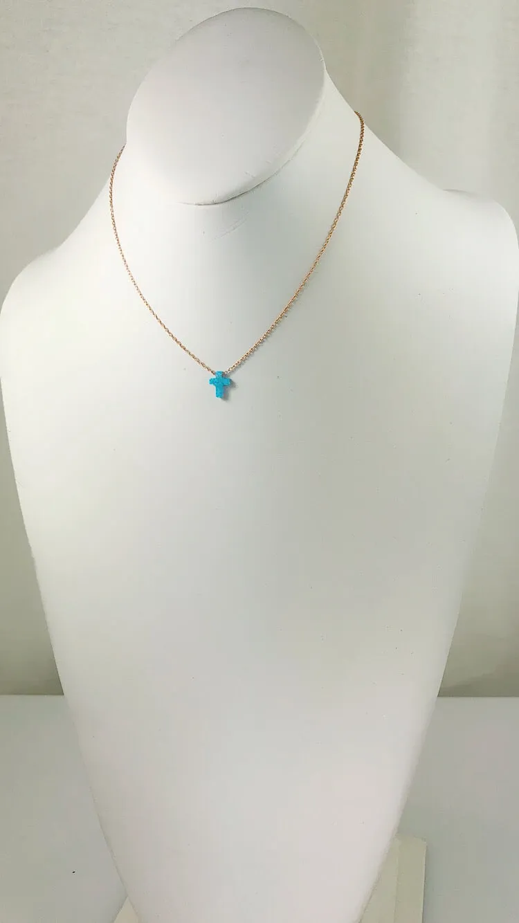 Sterling Silver Caribbean Light Blue Moon Star / Cross Opal Necklace