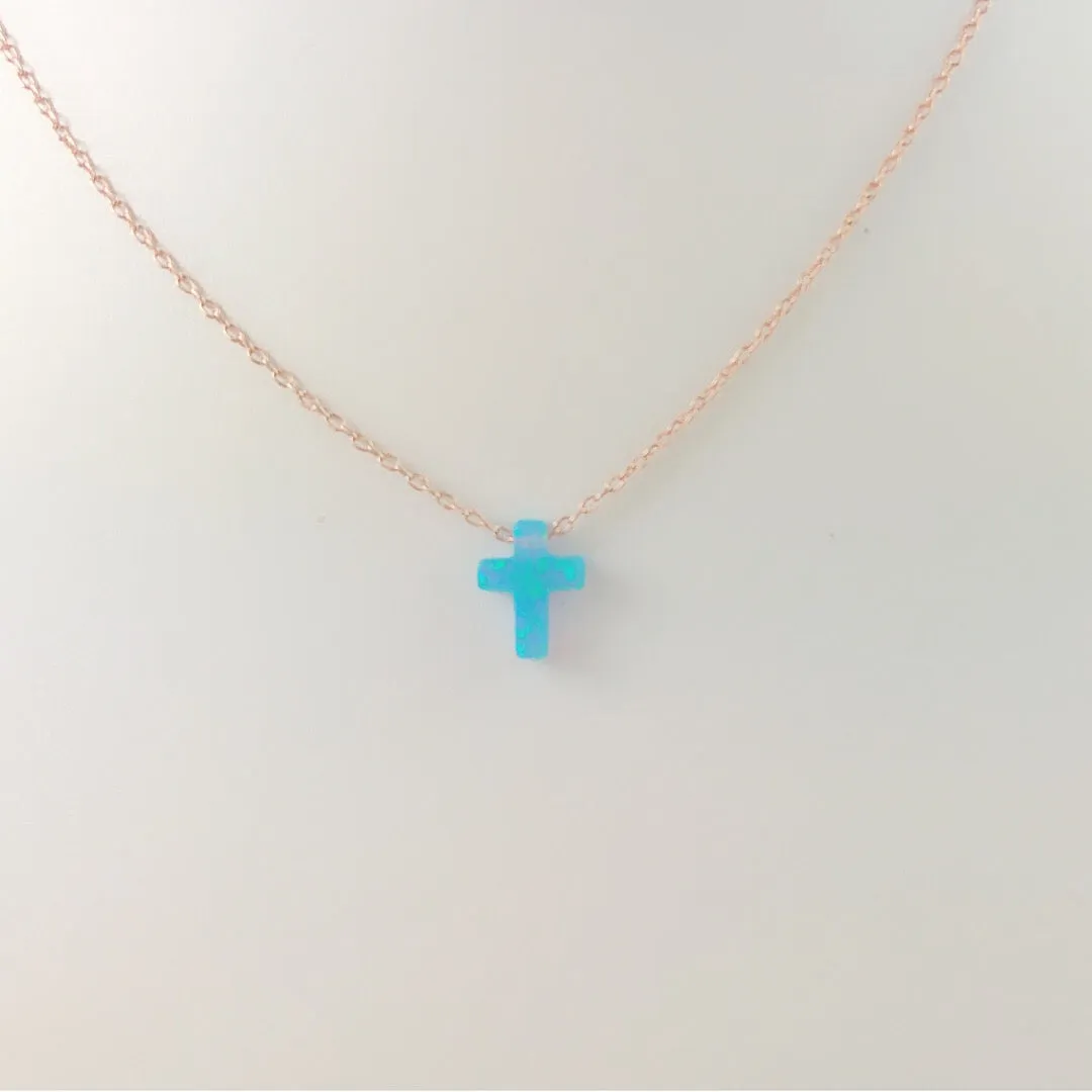 Sterling Silver Caribbean Light Blue Moon Star / Cross Opal Necklace