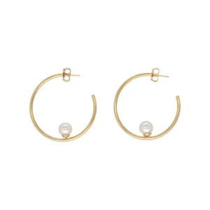 Sterling Silver Gold Plated Hoop Earrings with Organic Pearl for Women, 8mm Round White Pearl, 1.5" Length, Alba Collection