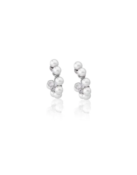 Sterling Silver Rhodium Plated Small Hoop 12.5 mm, Earrings, for Women with Post and Organic Pearl, 3mm Round White Pearl, Ada Collection