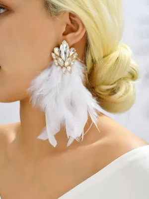 White Feather Rhinestone Earrings